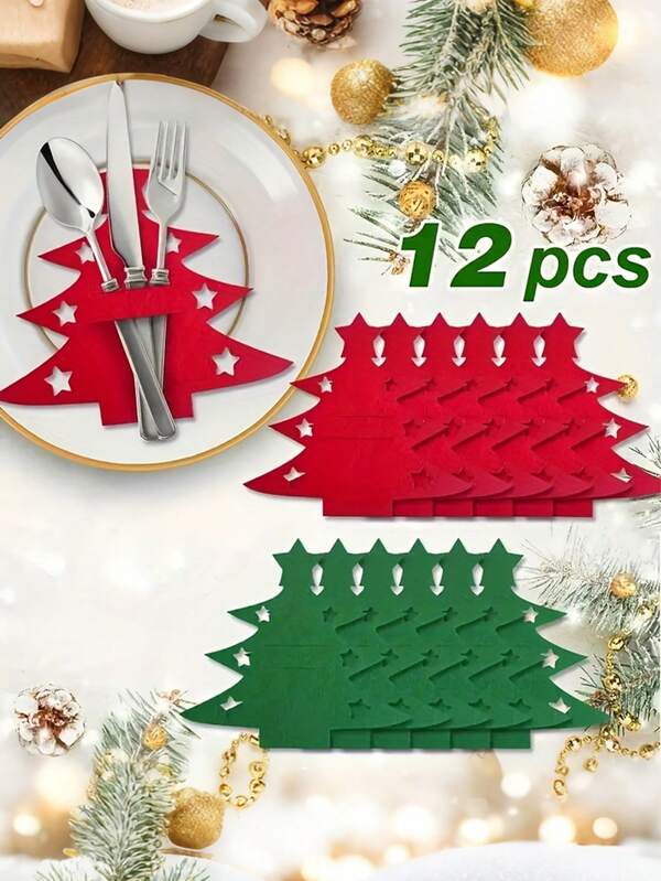 Porta posate natalizi, porta posate in feltro natalizio, borsette rosse per posate natalizie, decorazioni da tavola natalizie, porta posate natalizi per forniture da cucina, forniture per tavola da pranzo natalizia