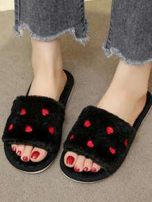 心形刺绣女士家居拖鞋，时尚可爱蓬松一脚蹬拖鞋，露趾户外服装，保暖秋冬拖鞋，产后拖鞋 - 黑色 - 查看 5