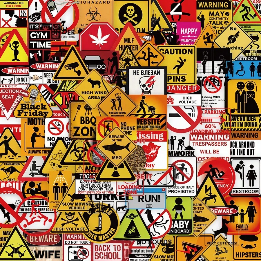 203pcs Warning Sign Stickers For Water Bottles, Skateboards, Luggage, Phone Cases, Laptops, Decorative Stickers