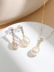 AETOLIA 1 Set 925 Sterling Silver Elegant Natural Pearl Necklace And Earrings Set, Inlaid With Shiny Cubic Zirconia, Fashion Jewelry Suitable For Women To Wear On Dates, Weddings, Engagements, Anniversaries, Valentine's Day And Other Occasions