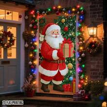 2D Door Curtain Banner, 1pc Large Santa Claus With Gift Decorative Tree - Easy Hanging Adhesive Design - No Electricity Needed - Durable Polyester Holiday Decor, Suitable For Front Door, Home, Office, Shop - Indoor Outdoor Christmas Party Decoration - Festive Atmosphere Door Hanging, Vivid Flat Pattern