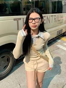 Áo thun dài tay 2 trong 1 ôm vừa vặn thoải mái dành cho nữ, Thu/Đông - Màu vàng - Xem 1