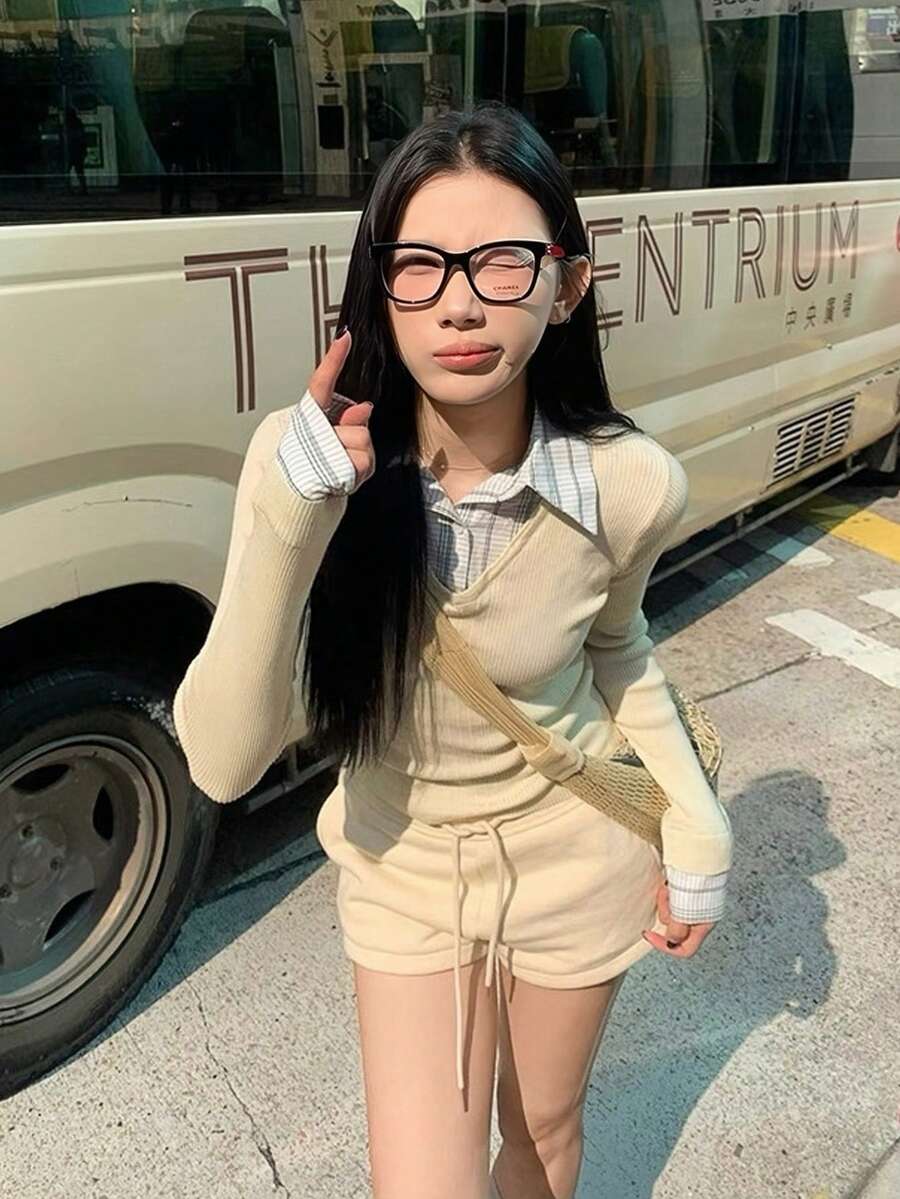 Áo thun dài tay 2 trong 1 ôm vừa vặn thoải mái dành cho nữ, Thu/Đông - Màu vàng - Xem 1