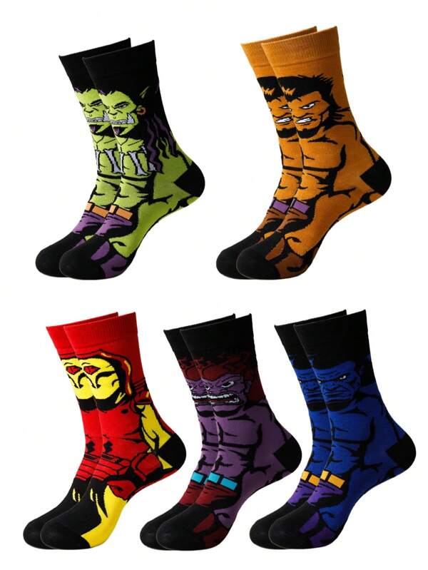 5 paires de chaussettes tricotées, chaussettes unisexes décontractées de couleur unie, chaussettes courtes de style streetwear respirantes et confortables, convenant pour le port extérieur des hommes, toutes saisons, chaussettes mi-mollet unisexes, chaussettes à motif de dessin animé