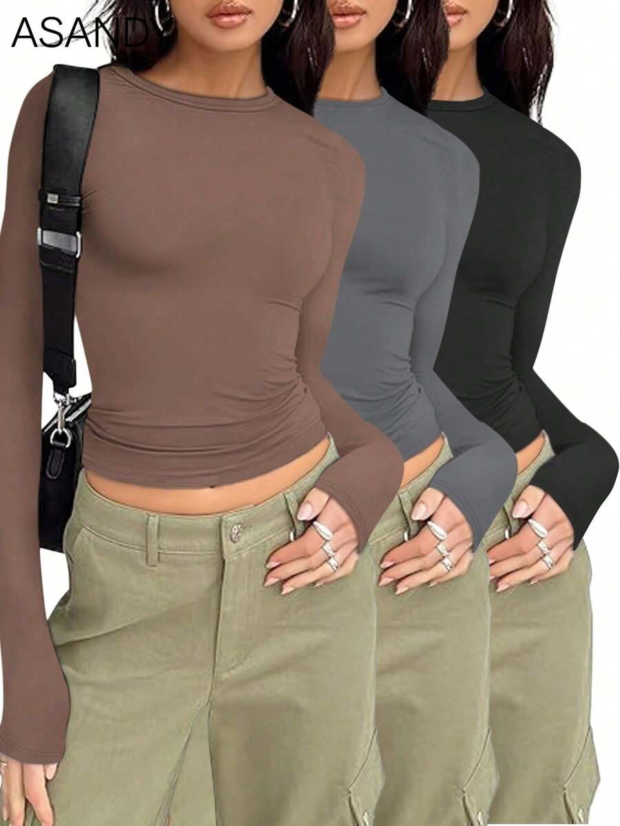 Set de 3 camisetas básicas de manga larga de cuello redondo sencillas y casuales, aptas para otoño/invierno