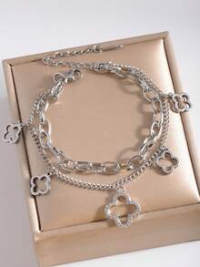 1pc High-Quality Charming Double-Layer Five-Leaf Clover Hollow Stainless Steel Women Bracelet, Suitable For Daily Wear, Party, Shopping, Gift For Women