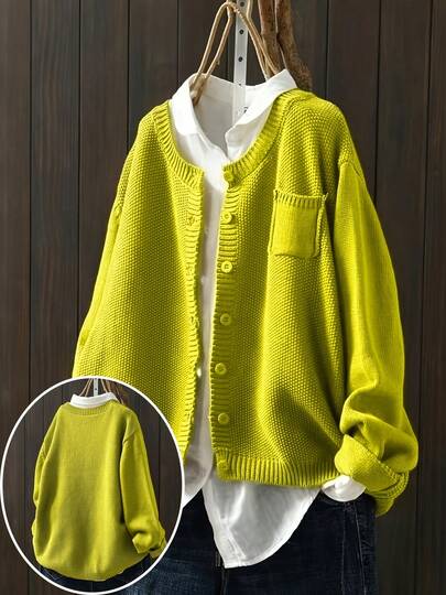 Cardigan casual a maniche lunghe con tasche laterali, per donna taglia comoda, autunno/inverno