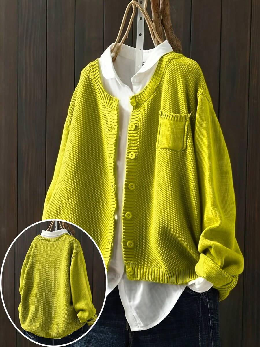 Women's Casual Plus Size Long Sleeve Cardigan With Side Pockets, Autumn/Winter - Matcha Green - View 1