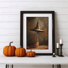 1pc, Canvas Wall Art, Framed Art Decor, Hangable, Wall Art, Poster, Witch's Hat, Horror Season Wall Art Decor, Halloween Poster, Witch's Hat And Broom, Gifts For Witch Lovers, Autumn Decor, Halloween Decor, Halloween Decor Aesthetics, Room Decor, Dorm Room Decor, Bedroom Decor Home Decor Fall Decor