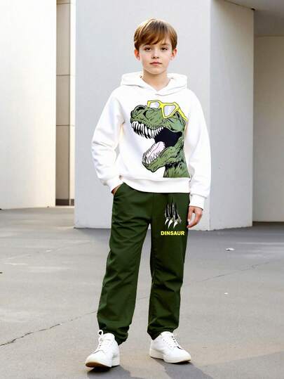 Set de 2 piezas: Sudadera con capucha con estampado de dinosaurio y gafas para niños, y pantalones con gráfico de garra y letra casual y cómoda para uso diario, para primavera/otoño