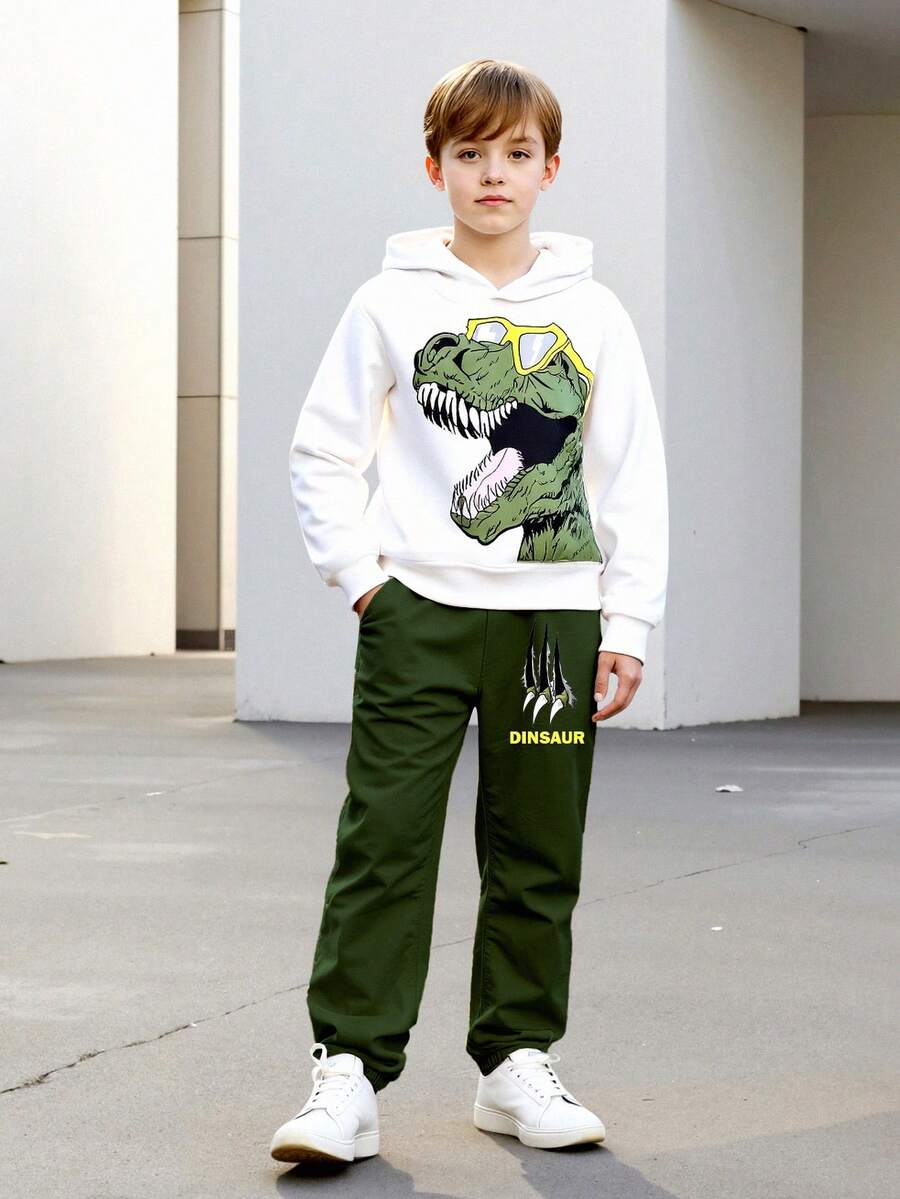 2 件套男童眼镜和恐龙印花连帽衫和爪子字母图案裤子休闲舒适街头服饰，春秋季 - 綠色 - 查看 1