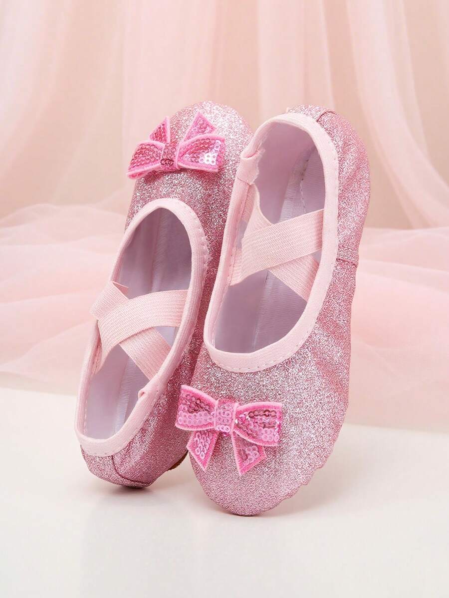 Princess Ballet Shoes, Indoor Soft Bottom Dance Shoes, Glitter Ballet Shoes, Yoga Shoes, Practice Shoes, Flat Slippers, Bow Design - Hot Pink - View 1
