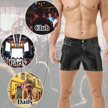 Men's PU Leather Shorts Flat Front Boxer Short Pants Casual Straight Leg Hot Shorts With Pocket & Zipper - 3#亮黑色 - 查看 5