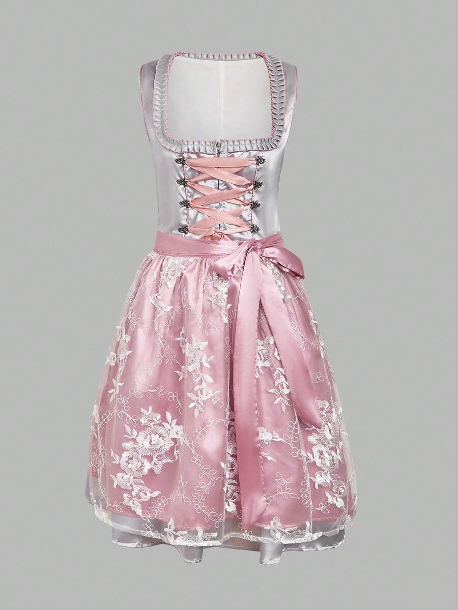 慕尼黑啤酒节服装女式3件套德国连衣裙巴伐利亚啤酒狂欢节服装，万圣节 - 粉色 - 查看 1