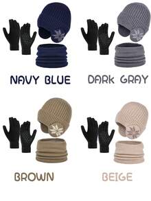 4pcs Winter Knitted Beanie Hat, Scarf & Touch Screen Gloves Set, Warm Lined Skull Cap Neck Warmer For Boys & Girls - Multicolor - View 5