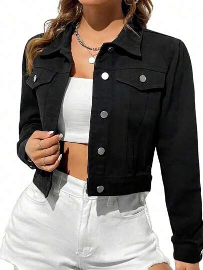 Chaqueta corta de mezclilla informal de unicolor para mujer, versátil para primavera y otoño