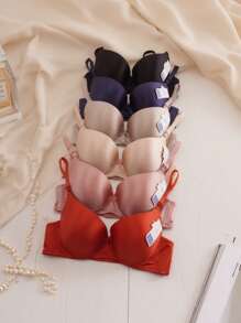 Sujetador para mujer, copa B, paquete de 6, 6 colores, copas cómodas de cobertura total, tres cierres, tirantes ajustables, adorno de lazo, sujetador brillante de color sólido sexy y cómodo. - Multicolor - Ver 1