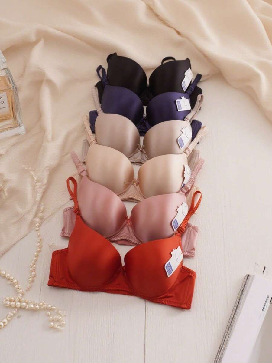 Sujetador para mujer, copa B, paquete de 6, 6 colores, copas cómodas de cobertura total, tres cierres, tirantes ajustables, adorno de lazo, sujetador brillante de color sólido sexy y cómodo. - Multicolor - Ver 1