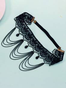 1pc Gothic Lace Leg Strap And Bracelet Retro Black Crystal Hollow Garter Strap Halloween Decoration Accessory - Black - View 8