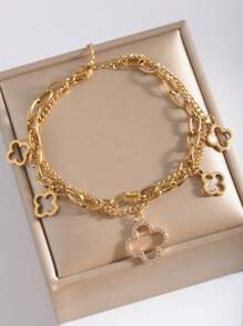 1pc High-Quality Charming Double-Layer Five-Leaf Clover Hollow Stainless Steel Women Bracelet, Suitable For Daily Wear, Party, Shopping, Gift For Women