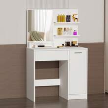 OYAJIA Dressing Table, Vanity Table With Mirror, 1 Drawer, 3 Shelves, Storage Cabinet, Makeup Organiser, White - White - View 3