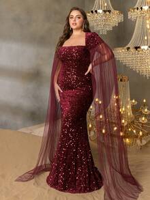 Faeriesty Curve Plus Square Neck Extra-Long Sleeve Sequin Formal Dress -Perfect For Red Carpet Galas, Black-Tie Weddings, Award Ceremonies, Charity Balls, And Luxury Fashion Events - Burgundy - View 6