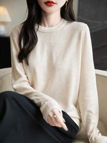 Women's Crew Neck Merino Wool T Shirt Fall Classic Vintage Cable Warm Long Sleeve Knit Tops - Beige - View 5