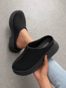 Women Platform Mules Wedge Closed Toe Clogs Faux Suede Slip On Memory Foam Non-Slip Lightweight Casual Slippers Shoes Autumn Winter - 黑色 - 查看 3