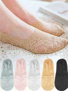 5 双女士蕾丝船袜隐形袜子硅胶防滑低帮薄款时尚蕾丝百搭