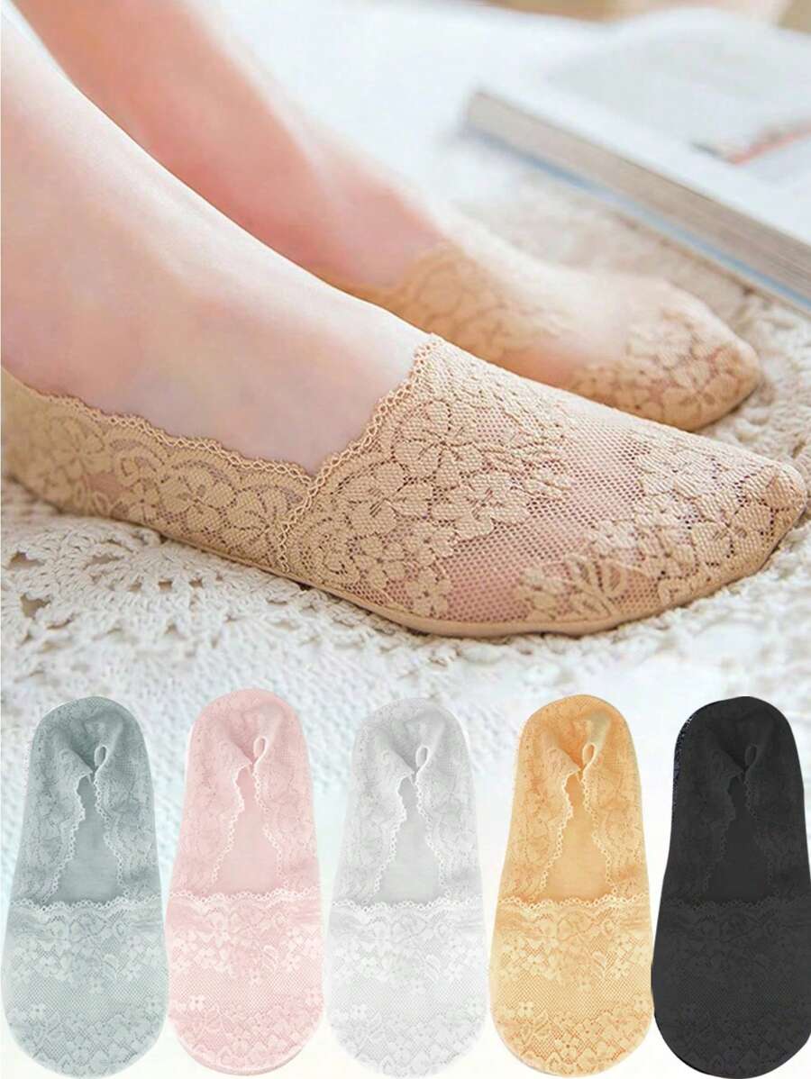 5 双女士蕾丝船袜隐形袜子硅胶防滑低帮薄款时尚蕾丝百搭