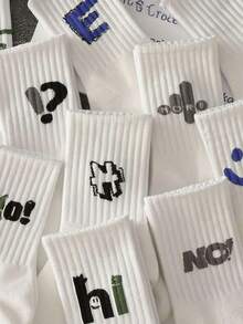 5双男士中筒袜，随机款式，印有随机字母几何图案。简约时尚男士白色袜子 - 彩色 - 查看 3