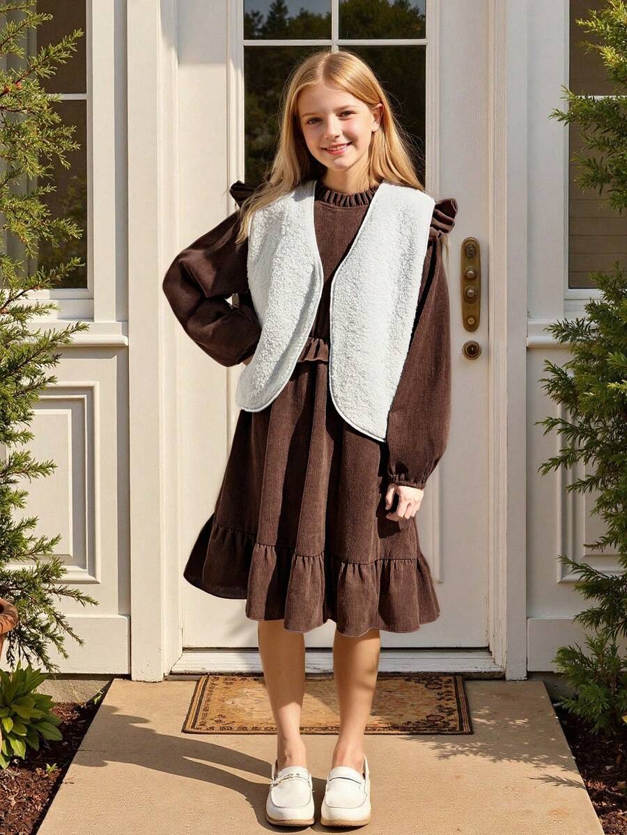 Vihyde 2 pezzi/Set Vestito in velluto a coste con volant e gilet in pelliccia per ragazze, Autunno/Inverno