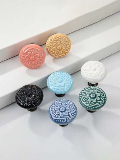 2/5/10pcs Drawer Pulls, Highly Attractively Cabinet Handles, Minimalist Stainless Steel Ceramic Vintage Kitchen Cabinet Handles, Modern Bathroom Cabinet Door Pulls, Creative Drawer Furniture Hardware, Retro Pattern Single Hole Pulls, Cabinet Ceramic Handles