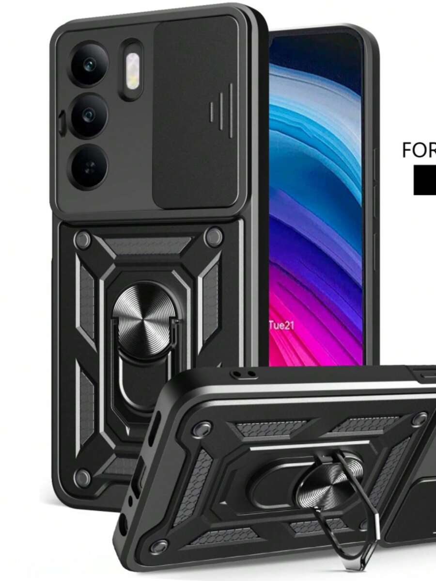 1 件黑色带滑动相机盖和旋转磁环支架，重型超薄防震混合坚固防摔保护套女士男士女孩手机壳苹果兼容 16pro/16promax/16plus/16/15pro/15promax 防水防摔防刮