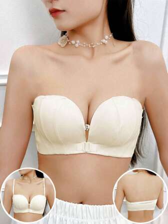 Women's Seashell Texture Front Buckle Push-Up Bra, Wire-Free, Anti-Droop, Strapless, White, Ideal For Wedding & Evening Dress, Perfect For Small-Sized Busts, Lingerie