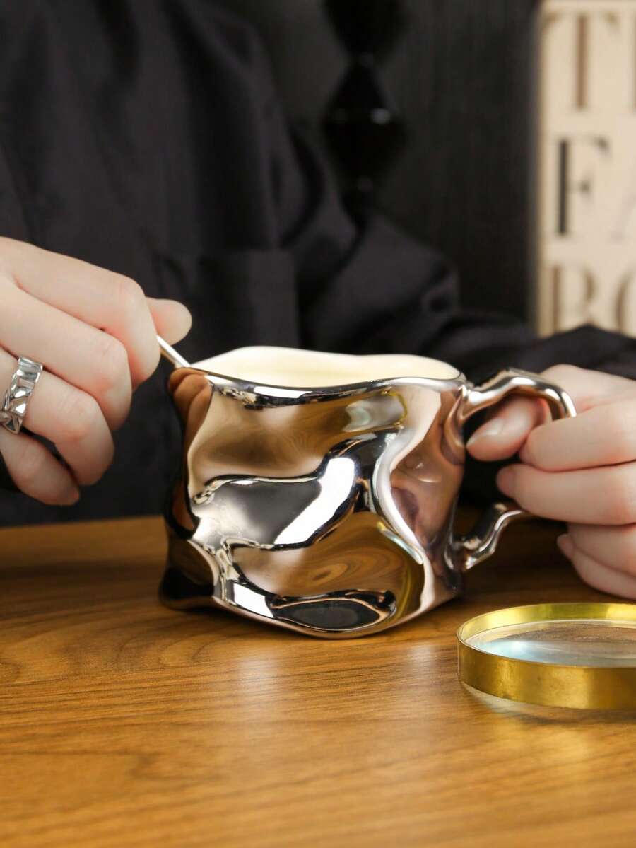 1pc Handmade Silver-Plated Ceramic Wavy Mug, Suitable For Latte, Coffee, And Milk Tea At Home Or Office