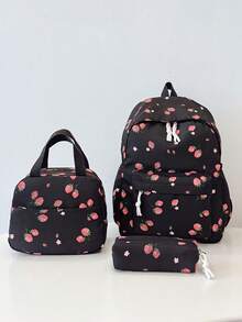 3pcs Backpack Set - Fashionable Large Capacity Backpack + Lunch Bag + Pencil Case, With Laptop Compartment, Strawberry Pattern Backpack, Adjustable Shoulder Straps And Spacious Multi-Pockets - Lightweight Zipper Bags, Suitable For Women/Girls/Students/Teens/Graduates, Perfect For Outdoor/Travel/Middle School/High School/College - Black - View 4