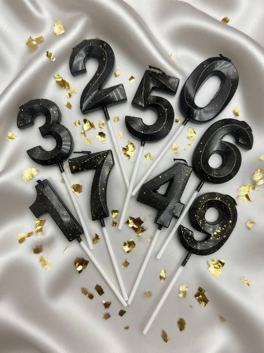 1pc Black 0-9 Number Diamond With Gold Paint Shaped Birthday Cake Decorations Candles Winter Gift For Women