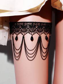 1pc Gothic Lace Leg Strap And Bracelet Retro Black Crystal Hollow Garter Strap Halloween Decoration Accessory - Black - View 2