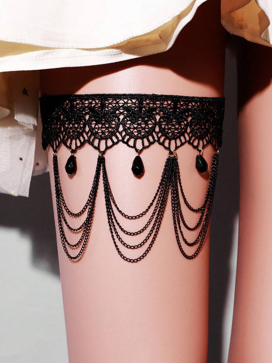 1pc Gothic Lace Leg Strap And Bracelet Retro Black Crystal Hollow Garter Strap Halloween Decoration Accessory