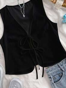 Soleia Top de tirantes informal de unicolor de verano para mujer  Lazo    Casual    TOP  Summer - Negro - Ver 6