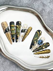 56 毫米超长细高跟指甲法式手工按压式指甲，多色指甲尖带有眼饰、水钻、闪粉、镜面粉、猫眼渐变、手绘万圣节主题 3D 设计，具有立体复合图案、撞色和混合创意元素 - 全覆盖人造 DIY 光泽假指甲套装 10 件/包美甲用品美甲 - 彩色 - 查看 1