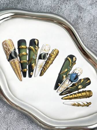 56 mm extra långa stilettnaglar, handgjorda press-on-naglar i fransk stil, flerfärgade nageltippar med ögondekorationer, strass, glitter, spegelpuder, kattögongradient, handmålade Halloween-tema 3D-designer med dimensionella kompositmönster, färgblockering och blandade kreativa element – heltäckande konstgjorda gör-det-själv-glansigt lösnagelset med 10 delar/förpackning. Nageltillbehör. Naglar