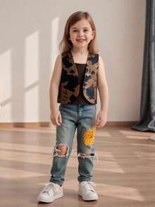 Toddler Baby Boy Girl Cow Print Vest Jacket Vintage Western Cowboy Outfit Cowgirl Vest PU Leather Cowprint Vest Open Front Jacket Sleeveless Waistcoat Cow Print Cardigan Outwear