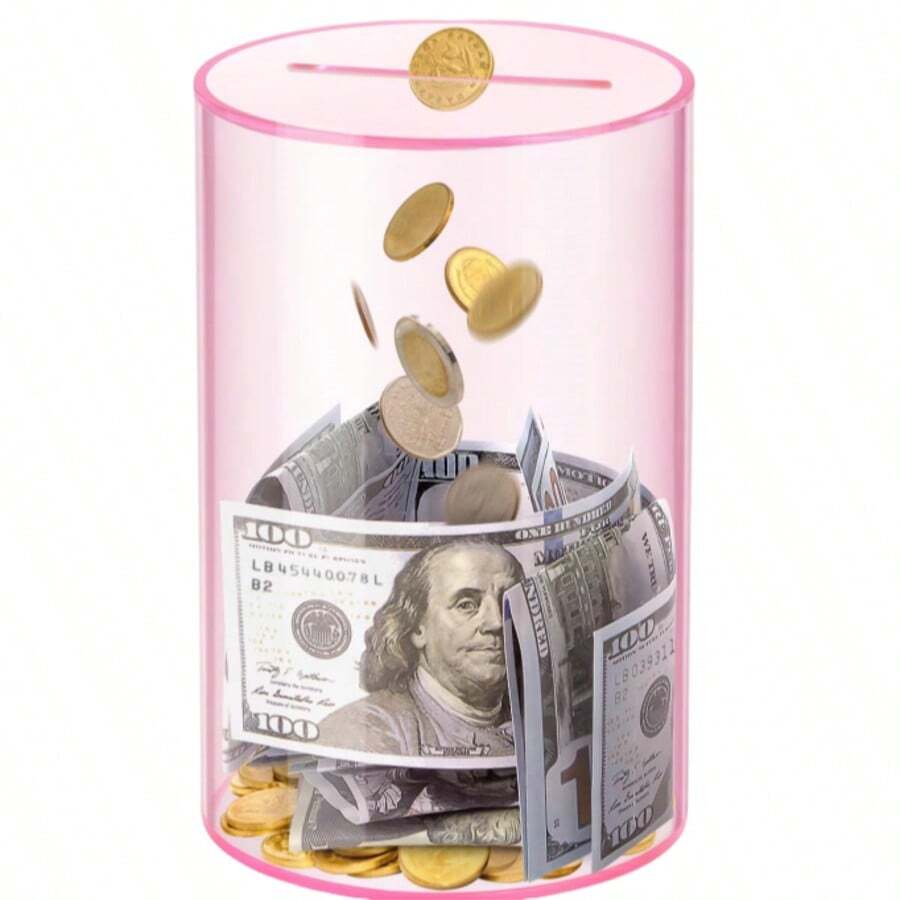 Alcancía cilíndrica de acrílico, solo entrada, no salida, decoración de escritorio, caja para guardar monedas, regalo navideño - Rosa Pálido - Ver 1