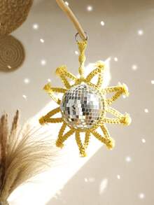 1 pieza Espejo en forma de sol con bola de macramé colgante - Bola de discoteca hecha a mano con marco de cuerda tejida amarilla - Decoración bohemia chic para pared, ventana, techo o espejo retrovisor del coche - Decoraciones para fiestas, bodas, vacaciones y festivales