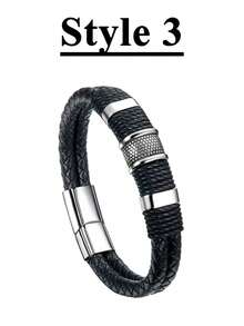 Xiacheng 1/6 件男士编织皮革手链 - 手工牛皮腕带，波西米亚风格合金扣，送给丈夫/男朋友的礼物（黑色） - 黑色 - 查看 8