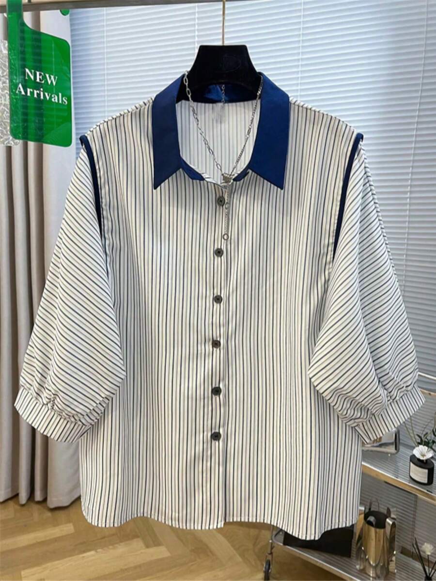Striped Contrast Color Asymmetric/Asymmetrical Button-Up Plus Size Shirt - Blue - View 1