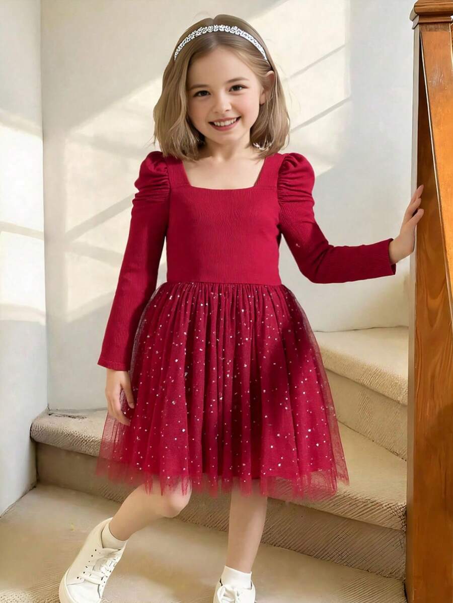 Children Girls Party Dress Solid Color Long Sleeve Performance Wedding Mesh Princess Sweet Mesh Medium Length Tight Dress Tulle Dress Autumn And Winter 2-7 Years Old Red - Burgundy - View 1