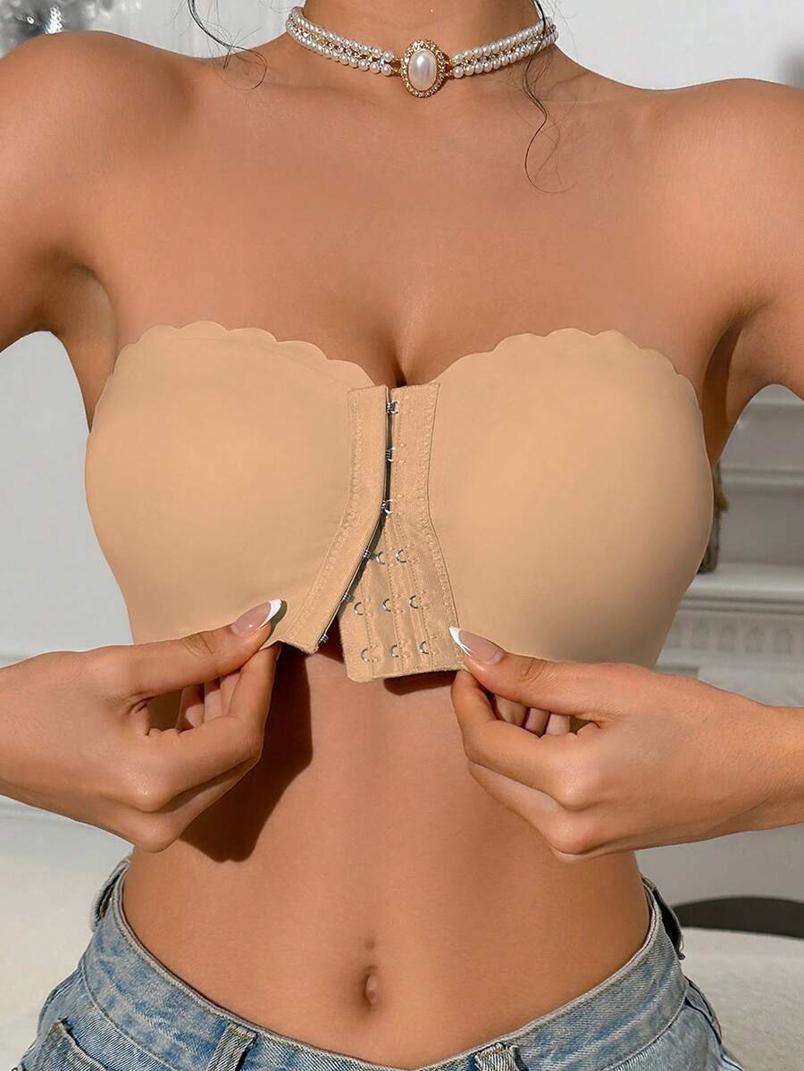 1pc Khaki Front Clasp Scoop Neck Bandeau Bra With Wide Silicone Grip Band, Comfortable Padded Seamless Bralette, Strapless Wireless Bra - Khaki - View 1